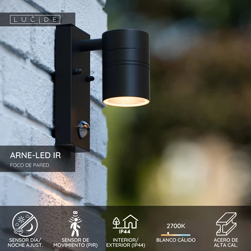 Lucide ARNE-LED IR - Foco de pared / Lámpara de pared Dentro/Fuera - Ø 6,3 cm - LED - GU10 - 1x5W 2700K - IP44 - Sensor movimiento & día/noche - Negro - USP
